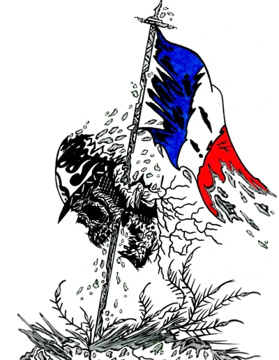 Illustration A3 sur papier blanc "Disparaître en ton nom" 2023 illustrant le crâne d'un soldat français empalée sur le drapeau tricolore de la nation.