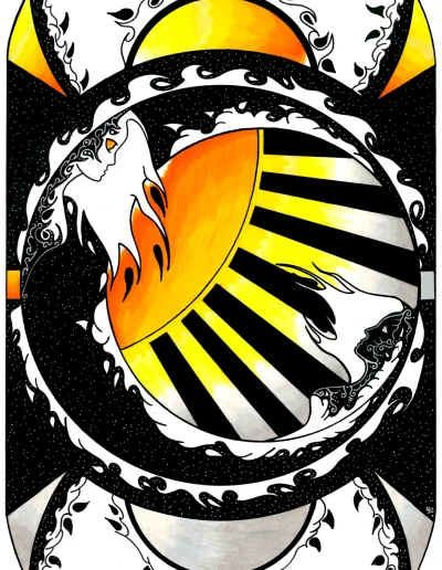 Illustration A3 sur papier blanc "D'or et de cendre" 2024 qui devait être al couverture d'un projet avorté sur les mythologies et le lien Soleil-Lune.