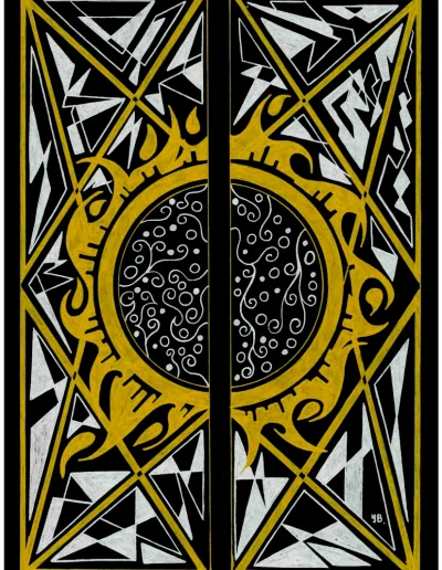 Illustration A4 sur papier noir "Eclipse" 2024 représentant de manière géométrique, une éclipse solaire à la manière d'une porte qui s'ouvre.