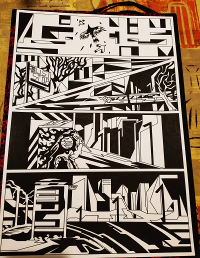 Planche BD, composée de cinq cases en noir et blanc sur papier blanc. Elle représente l'attente d'une personne à un arrêt de bus à travers différentes cases symbolisant le temps qui passe.