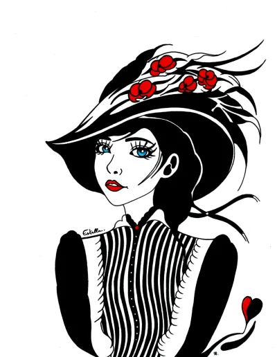 Illustration A3 sur papier blanc, "Estella" 2024 représentant le portrait d'une jeune femme aux grands yeux bleus, en tenue noire et blanche du début du 20ème siècle et portant un grand chapeau noir décoré de fleurs rouges.