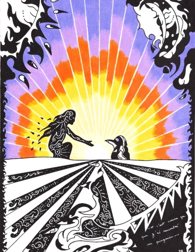 Illustration A3 sur papier blanc "Et c'est comme ça que j'ai rencontré un pingouin" 2023 qui est la version "illustration" de la planche BD du même nom et représente la silhouette d'une jeune femme et d'un pingouin devant un grand soleil couchant de Californie.