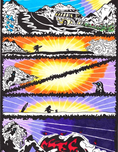 Planche BD A3 sur papier blanc, "Et c'est comme ça que j'ai rencontré un pingouin BD" 2023 représentant la rencontre d'une surfeuse des côtes de Californie avec un pingouin sur la plage. LE tout dans des couleurs vives, typiques du soleil de Californie.