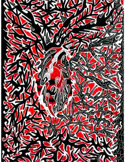 Illustration A4 rouge, noire et blanche, sur papier blanc "Forgé au cœur"2024 représentant un cœur humain dans un décor abstrait symbolisant les vaisseaux sanguins.
