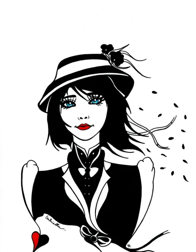 Illustration A3 sur papier blanc "Gabriella" 2024 représentant le portrait d'une jeune femme au regard bleu et intense, habillée dans une tenue noir et blanche d'époque.