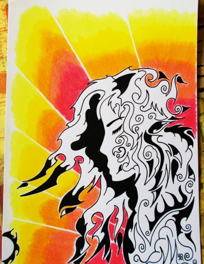 Illustration A4 sur papier blanc de la déesse grecque du soleil "HEMERA" 2023 où elle est représenté de profil ,en noir et blanc, sur un fond ensoleillé.