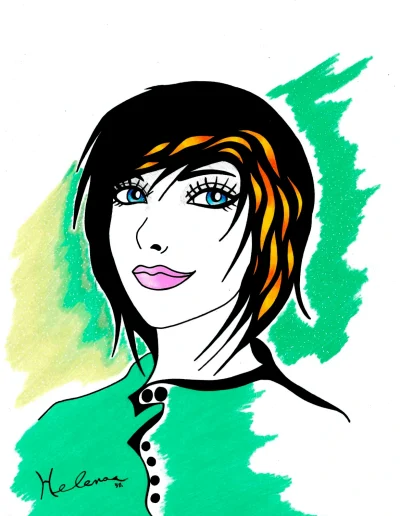 Illustration A3 sur papier blanc "Hélena" 2024 représentant une jeune femme blonde aux cheveux courts et aux grands yeux bleus, habillée d'une tenue verte devant un fond reprenant les mêmes teintes.