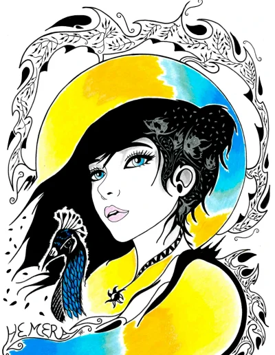 Illustration A3 sur papier blanc "Hémera" 2024 reprenant un visuel de la déesse du soleil réalisé à l'occasion du projet "D'or et de Cendre" Elle y apparait dans une composition circulaire faisant référence au soleil et accompagnée d'un paon, symbole de cette déesse.