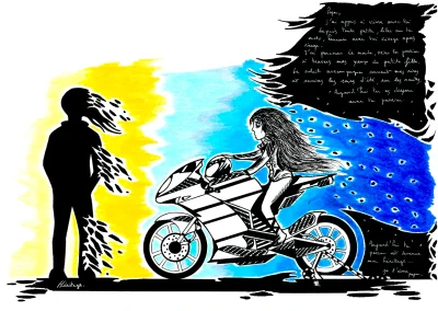 Illustration A3 sur papier blanc "Héritage" 2024 représentant une jeune fille sur une moto de course, le regard dirigé vers une grande silhouette noir se décomposant à sa gauche et symbolisant l'héritage laissé par un proche.