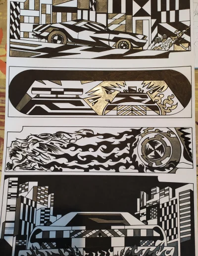 Planche BD A3, en noir et blanc sur papier blanc "Hot Pursuit" 2023 composée de quatre cases décrivant le départ en trombe d'une muscle cars devant les voiture de police à sa poursuite.