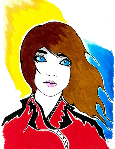 Illustration A3 sur papier blanc "In the wind" 2024 représentant le portrait d'une jeune femme aux longs cheveux bruns dans le vent et vêtue d'un grand manteau rouge.