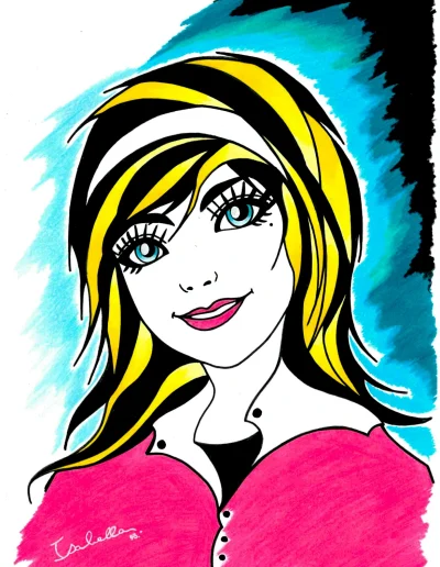 Illustration A3 sur papier blanc "Isabella" 2024 représentant une jeune femme blonde souriante aux grands yeux bleus et vêtue d'un haut rose et blanc et d'un bandeau blanc dans les cheveux et se tient devant un fond fait de nuances de bleus.