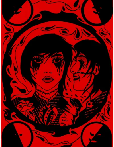 Planche BD composée de cinq cases en noir sur papier rouge "Je suis donc tu es" 2025 issue de mon roman illustrée "Chérie" mais jamais intégrée à l’œuvre. Elle représente, dans la case centrale, deux femmes: Une victime et l'autre manipulatrice et destructrice. Les autres cases circulaire entourant la planches symbolise les différents visages de ce genre de personne.
