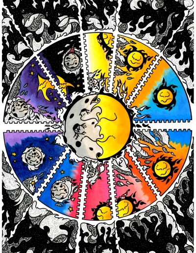 Illustration A3 sur papier blanc, "Le premier jour du reste de ma vie" 2024 représentant les différentes étapes du cycle lunaire à travers une composition colorée et décorative;