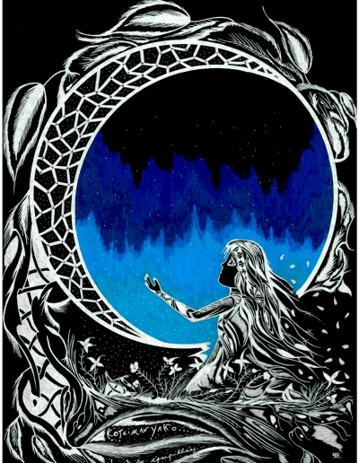 Illustration A3 sur papier noir, teintes argentées et bleutées ""Kotcimanyako et les étoiles éparpillées" 2024 représentant la légende amérindienne de la naissance de la voie Lactée.