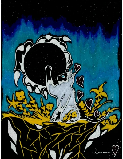 Illustration A4 sur papier noir "Louna" est une illustration hommage à mon chat disparu en début 2025.