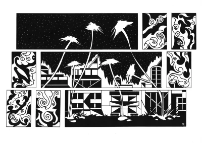 Planche BD A3 sur papier blanc "Miami B&W" (1/3) 2023 représentant une skyline, en noir et blanc de "Ocean Drive" dans un style BD.