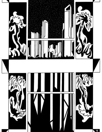 Planche BD A3 sur papier blanc "Miami B&W" (2/3) 2023 représentant une skyline, en noir et blanc du centre ville de Miami dans un style BD.