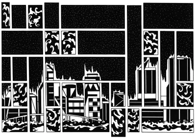 Planche BD A3 sur papier blanc "Miami B&W" (3/3) 2023 représentant une skyline, en noir et blanc d'un quartier de Miami dans un style BD.