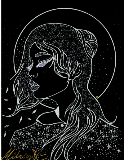 Illustration A3 sur papier noir "Midnight" (1) 2025 représentant de façon décorative, avec des teintes argentées et violettes, une jeune femme de profil.