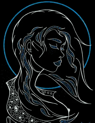 Illustration A4 sur papier noir "Midnight" (2) 2025 représentant, en bleu et argent , une jeune femme de profil, les cheveux dans le vent.