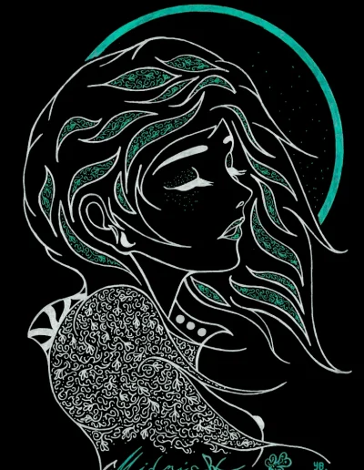 Illustration A4 sur papier noir "Midnight" (3) 2025 représentant, en vert et argent , une jeune femme de profil, les cheveux dans le vent.