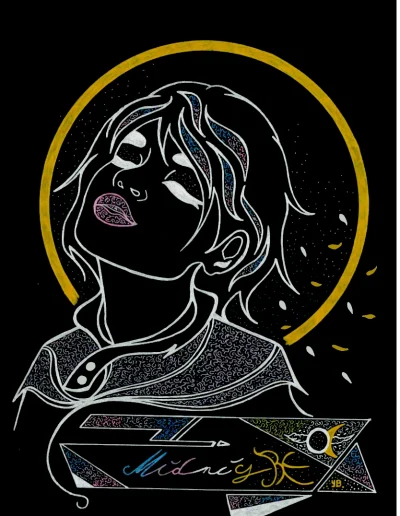 Illustration A4 sur papier noir "Midnight" (4) 2025 représentant, dans un style "pop" le buste d'une jeune femme de trois quart face devant une grande lune.