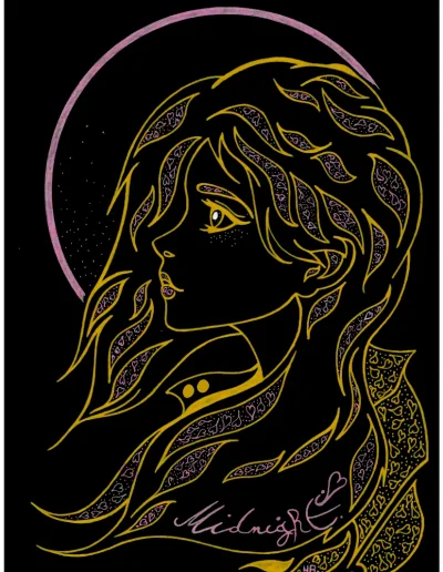Illustration A4 sur papier noir "Midnight" (5) 2025 représentant, en rose et doré , une jeune femme de profil, les cheveux dans le vent.
