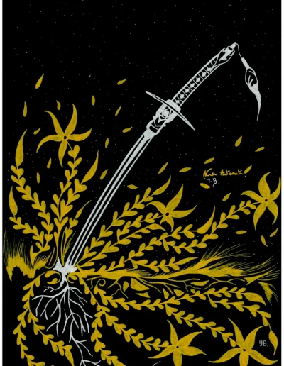 Illustration A4 sur papier noir "Nier Automata 2B épée" 2025 représentant l'épée très connue du personnage principale de la licence "Nier Automata" ici plantée dans un sol richement fleuri.
