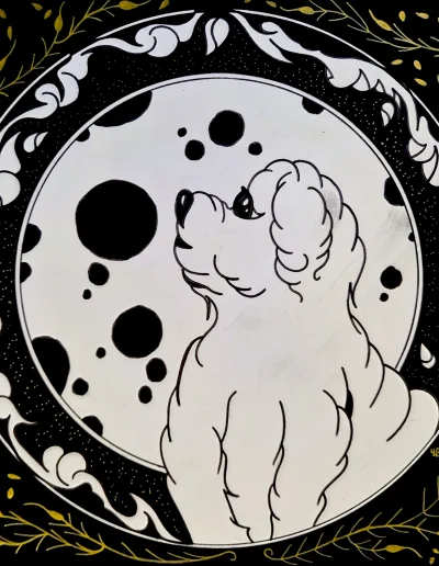 Illustration carré 30*30 sur papier blanc "Nuages Blancs et Ciel Nocturne" (1/3) 2026 représentant un bichon de profil dans une construction circulaire faisant référence à la lune, en noir, blanc et doré.