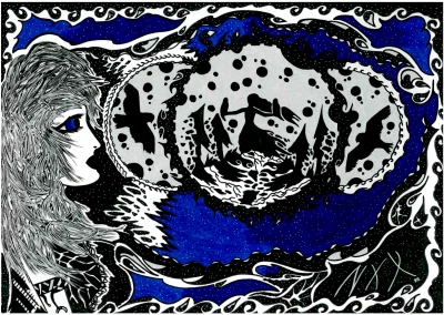 Illustration A3 sur papier blanc "Nyx" 2024 représentant Nyx la déesse de la Lune et de la nuit.