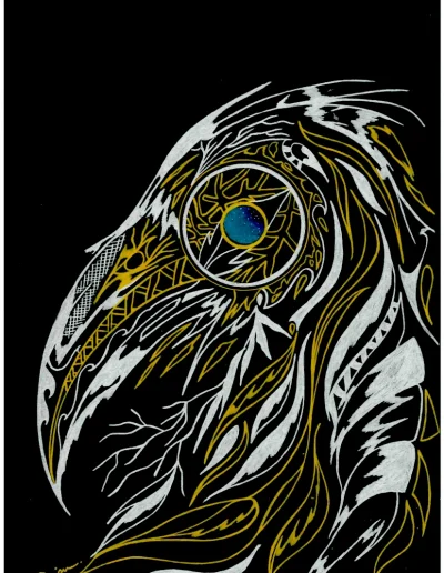 Illustration A4 sur papier noir "Orion" 2024 et représentant le profil d'un oiseau aux teintes dorées et argentées avec un œil bleu.
