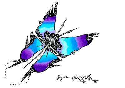 Illustration A4 sur papier blanc "Papillon Electrik" 2023 et représentant un papillon dont les teintes et les motifs font référence à l'électricité.