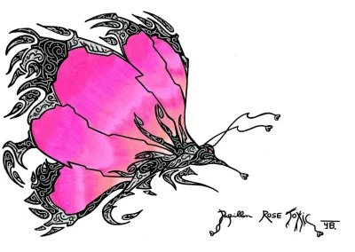Illustration A4 sur papier blanc "Papillon Rose Toxic" 2023 représentant un papillon rose, noir et argenté.