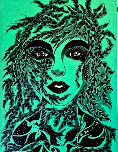 Illustration sur papier vert 24*32 "Par Delà la Nuit" (2) 2026 et représentant le visage de face d'une jeune femme à la coiffure faite de végétation.