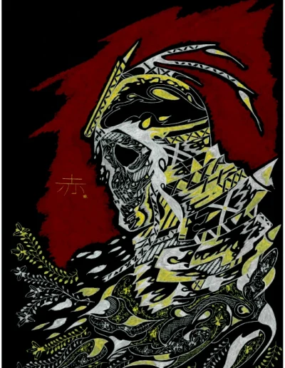 Illustration A3 sur papier noir "Rouge" (1) 2024 représentant un samouraï squelette sur fond rouge.