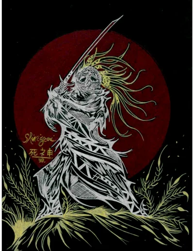 Illustration A4 sur papier noir "Shinigami" (3) 2025 représentant le dieu des morts japonais devant un grand soleil rouge.