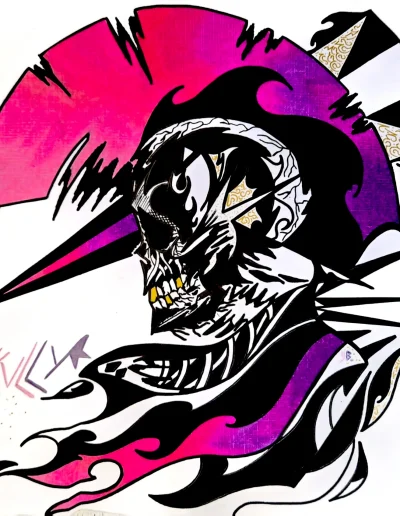 Illustration carré 30*30 sur papier blanc "Skully" (2) 2026 représentant un punk à tête de mort d'où le nom "Skully"