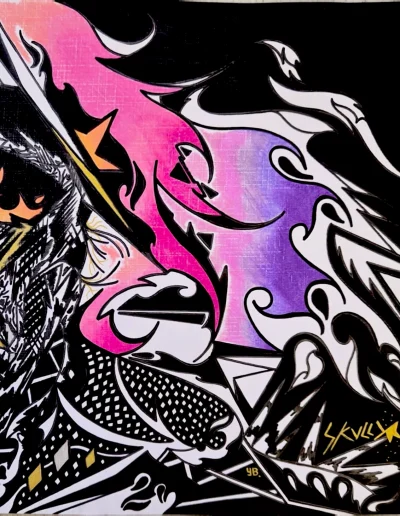 Illustration carré 30*30 sur papier blanc "Skully" (3) 2026 représentant un punk squelette de face devant un décor de flammes violettes.