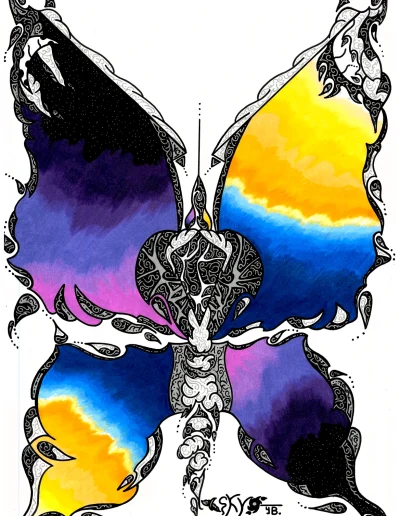 Illustration A3 sur papier blanc "Sky" 2023 reprenant le visuel d'un grand papillon avec des motifs et des couleurs évoquant le ciel et la liberté.