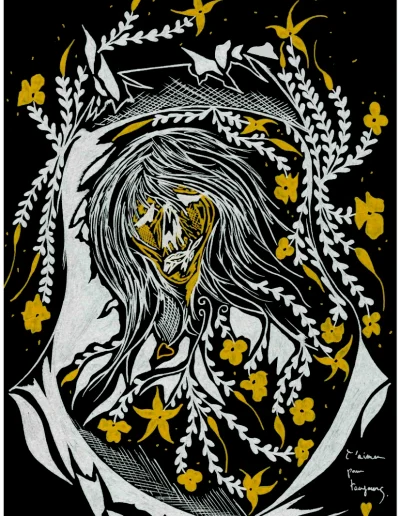 Illustration A4 sur papier noir "T'aimer pour toujours" 2024 représentant une femme dans son cercueil, entourée de fleurs.