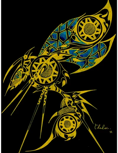 Illustration A4 sur papier noir "Tlaloc" 2025 représentant le dieu de la pluie , de la foudre et de l'agriculture Aztèque ici sous la forme d'une guêpe mécanique.