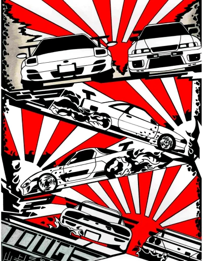 Illustration A3 sur papier blanc "Touge 峠" 2025 représentant deux voitures de sport dans une discipline très connue au Japon, ici dans une composition très japonaise.