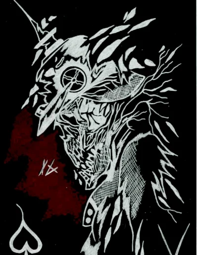 Illustration A5 sur papier noir "Valet de pique 16" 2025 qui est un essai de jeu de cartes en lien avec la Grande Guerre.
