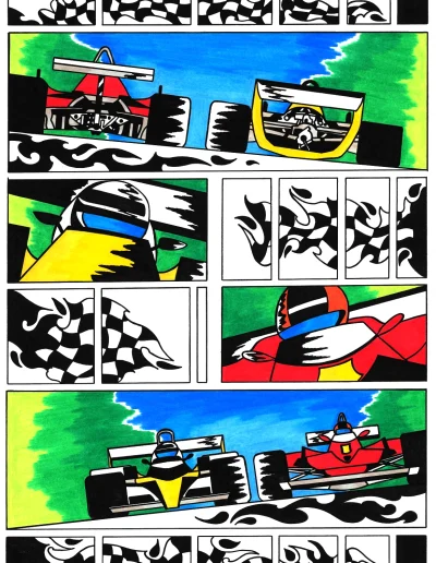 Planche BD A3 sur papier blanc "Villeneuve - Arnoux" 2024 rendant hommage au mythique duel de ces deux pilotes dans les années 80.