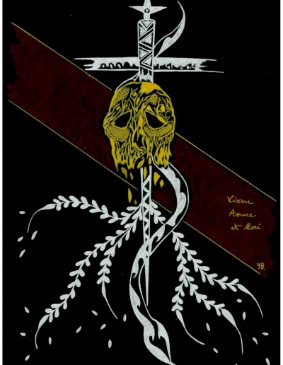 Illustration A4 sur papier noir "Vivene, Amare er Mori" 2024 représentant le visuel d'une épée , d'un serpent l'entourant ainsi qu'un crâne.
