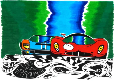 Illustration A3 sur papier blanc "Vraoum 1966 couverture" 2024 qui repend la couverture d'un petit projet de trois planche sur le thème du sport automobile et notamment sur le duel Ford-Ferrari des années 60.