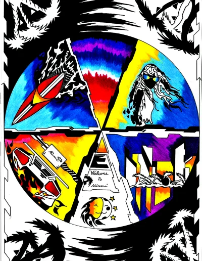 Illustration A3 sur papier blanc "Welcome To Miami" 2023 reprenant la thématique riche en couleurs et en visuels de la ville de Miami.