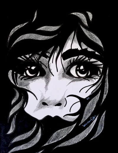 Illustration A4 sur papier blanc "Weverly test" (5) 2026 qui reprend la dernière illustration de test de personnage pour ma nouvelle illustrée d'horreur "Weverly"