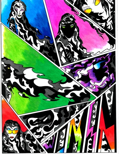 Planche BD sur papier blanc "Woman" 2023 composée de huit cases et représentant diverses visions de la femme.